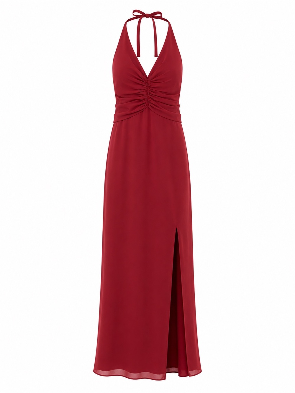 Halter Ruched V-Neck Maxi Dress in Wine Red